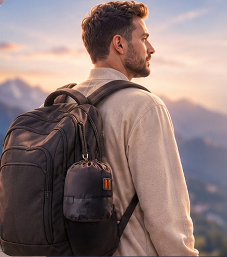 Traveler with a backpack, the ComfyNap travel case clipped to its side