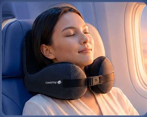 Traveler leaning toward the airplane window with the pillow's side wall supporting her
