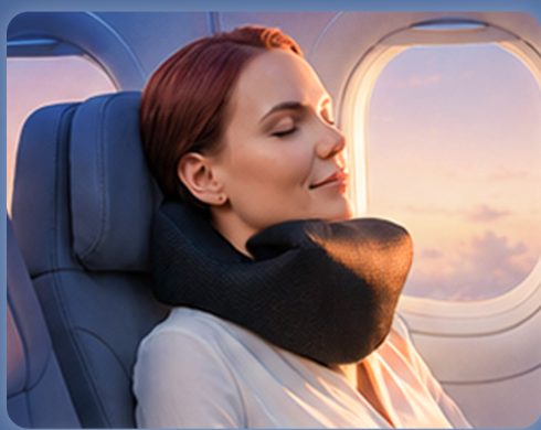 Traveler fully reclined against the seat with the pillow around her neck