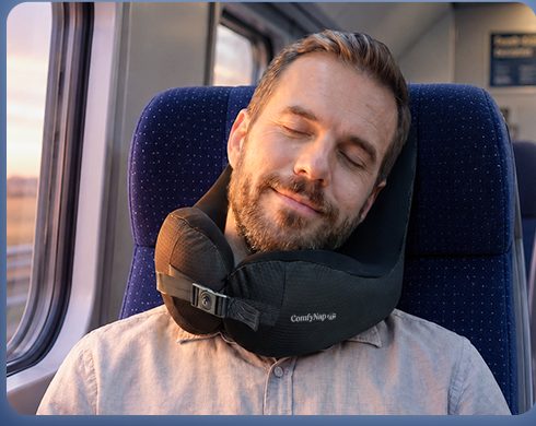 Train passenger with his head level and chin supported