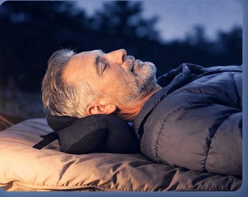 Traveler lying down outdoors with the pillow under his head